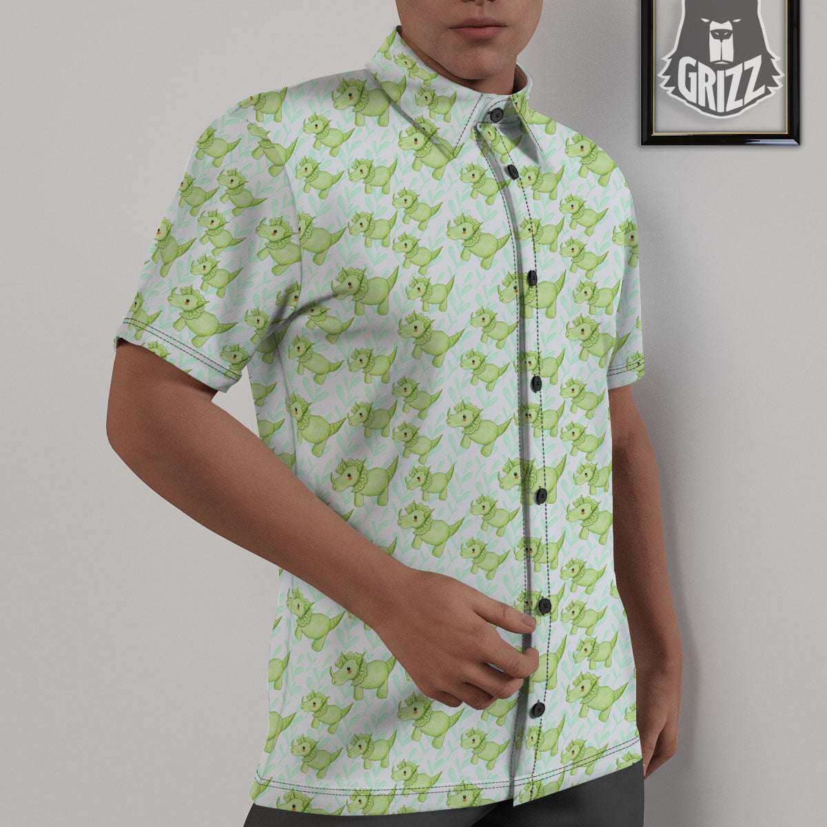 Green Dinosaur Little Print Pattern Untucked Shirts-grizzshop