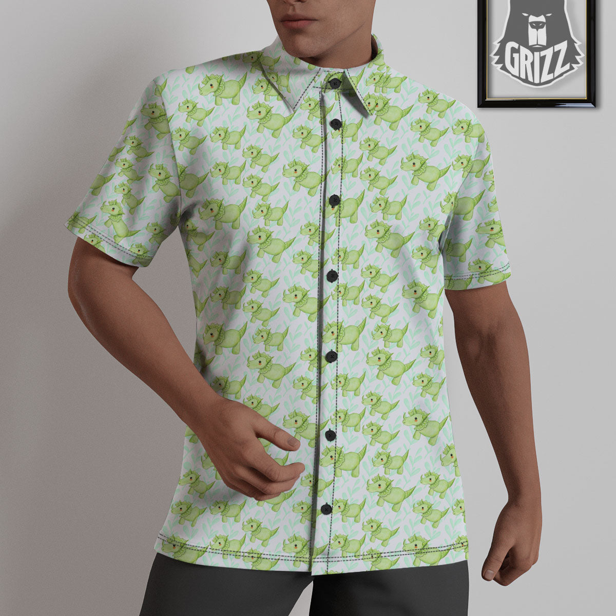 Green Dinosaur Little Print Pattern Untucked Shirts-grizzshop