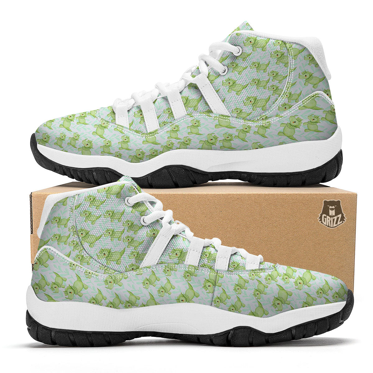 Green Dinosaur Little Print Pattern White Bball Shoes-grizzshop