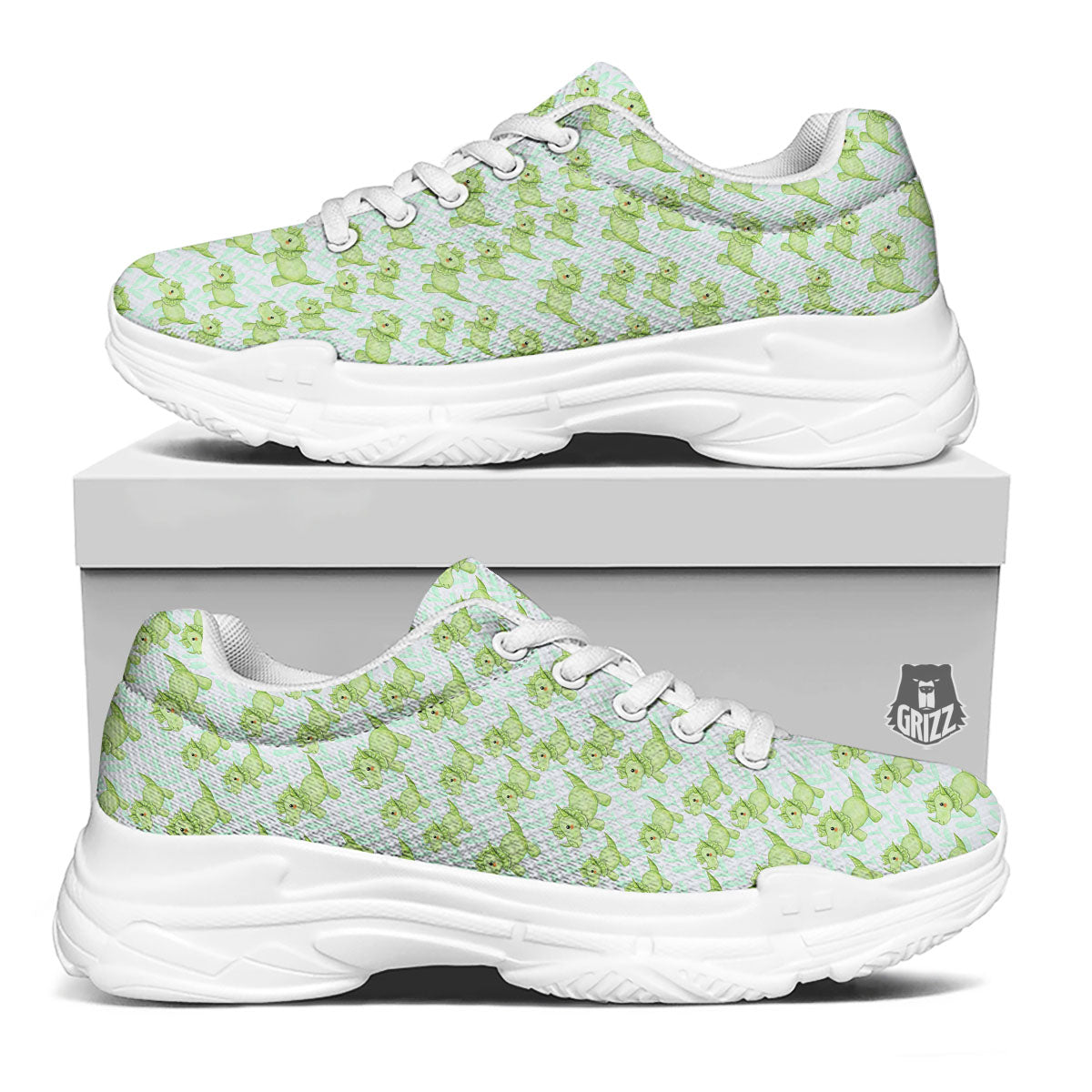 Green Dinosaur Little Print Pattern White Chunky Shoes-grizzshop
