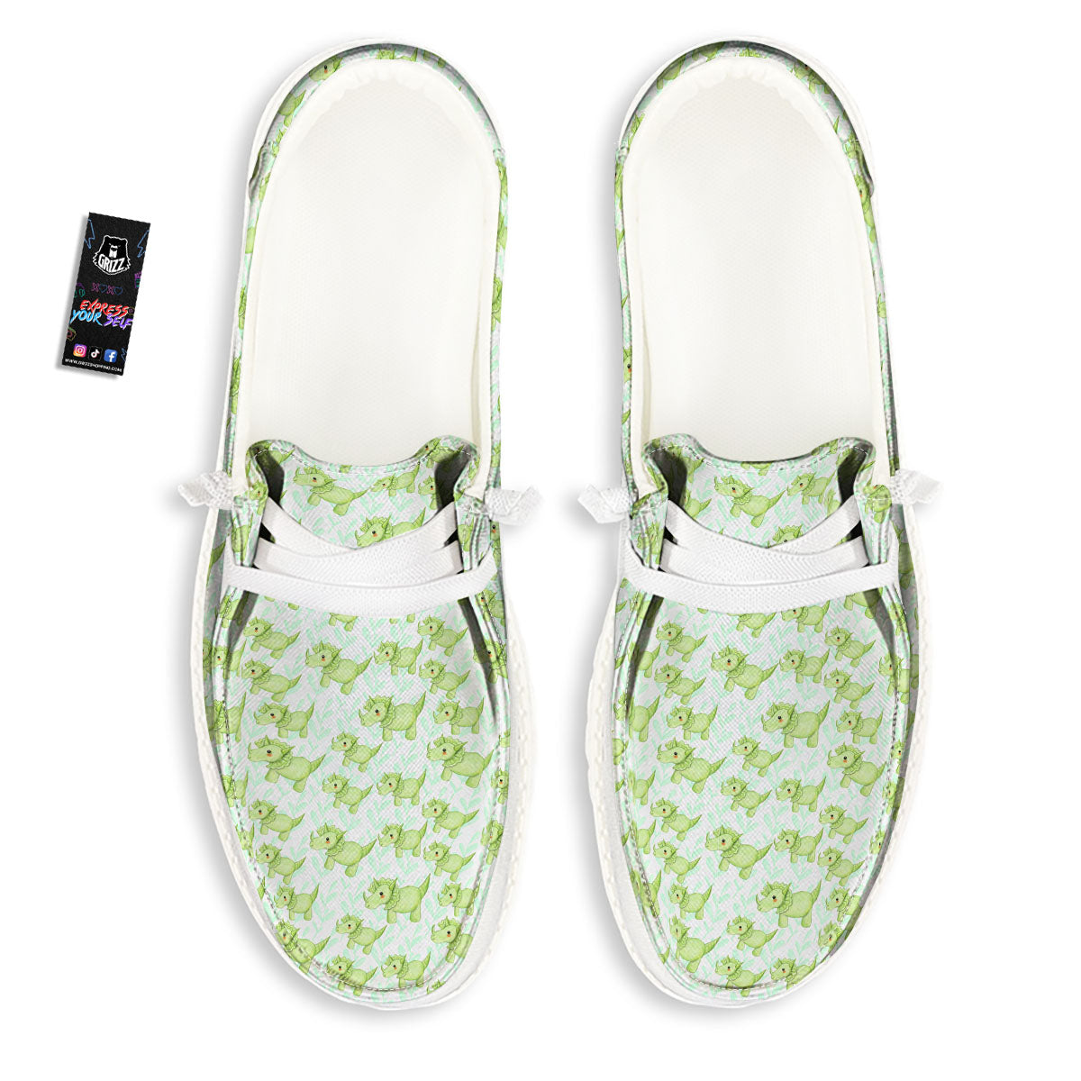 Green Dinosaur Little Print Pattern White Loafers-grizzshop