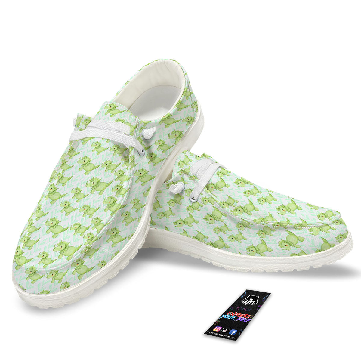 Green Dinosaur Little Print Pattern White Loafers-grizzshop