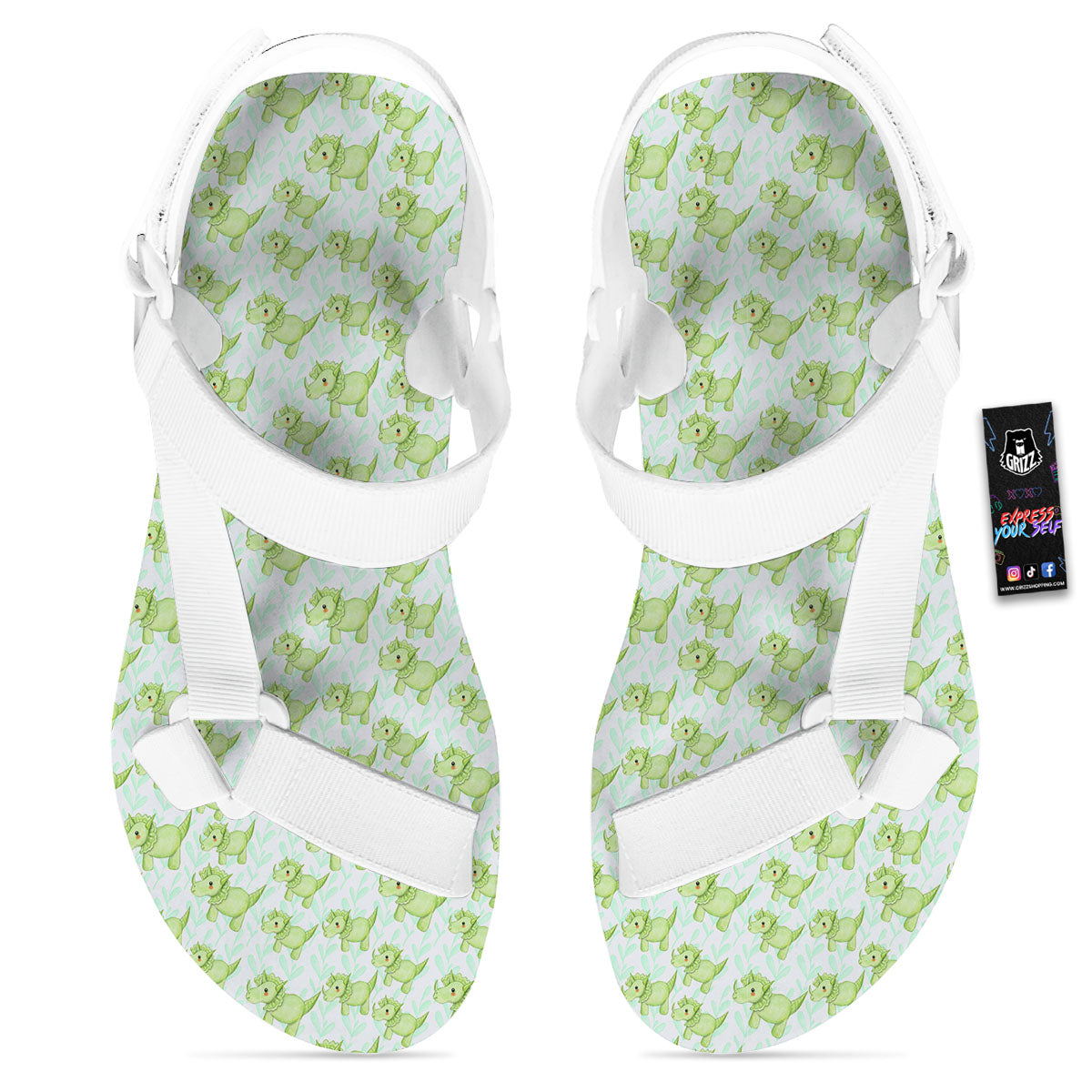 Green Dinosaur Little Print Pattern White Open Toe Sandals-grizzshop