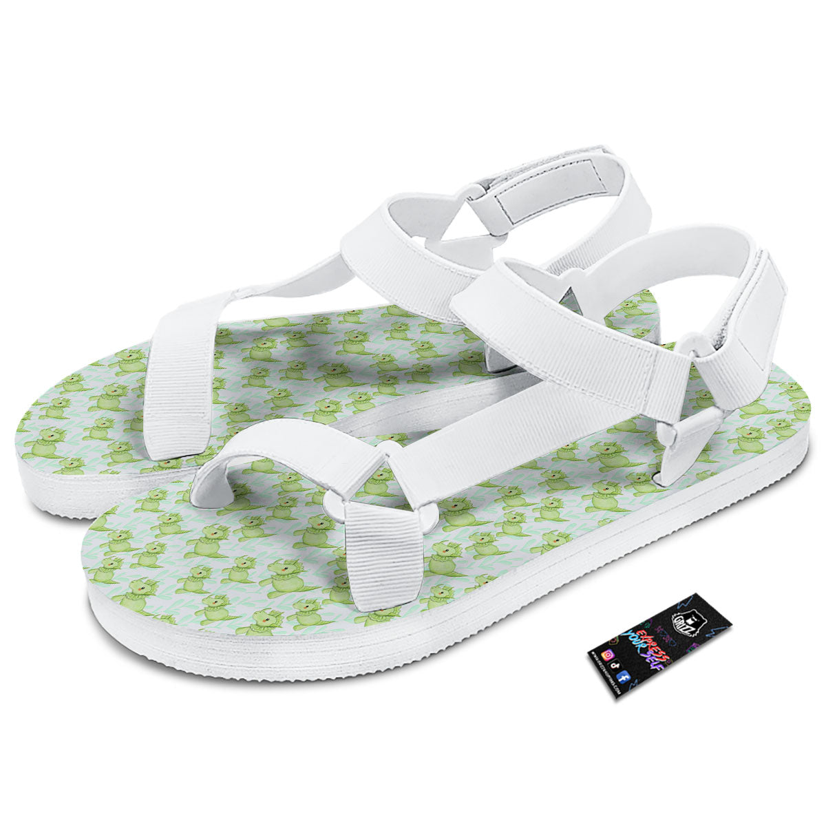 Green Dinosaur Little Print Pattern White Open Toe Sandals-grizzshop