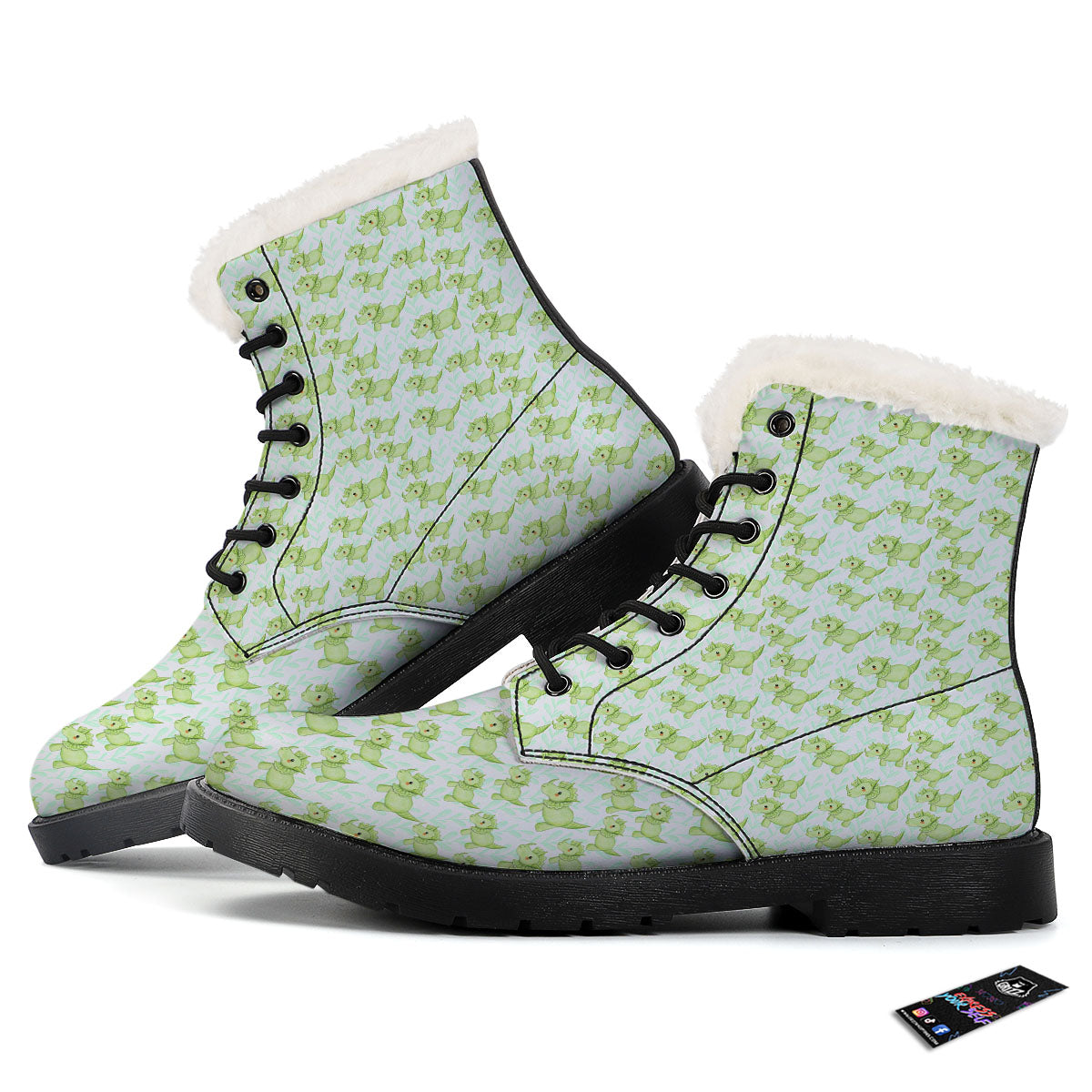Green Dinosaur Little Print Pattern Winter Boots-grizzshop