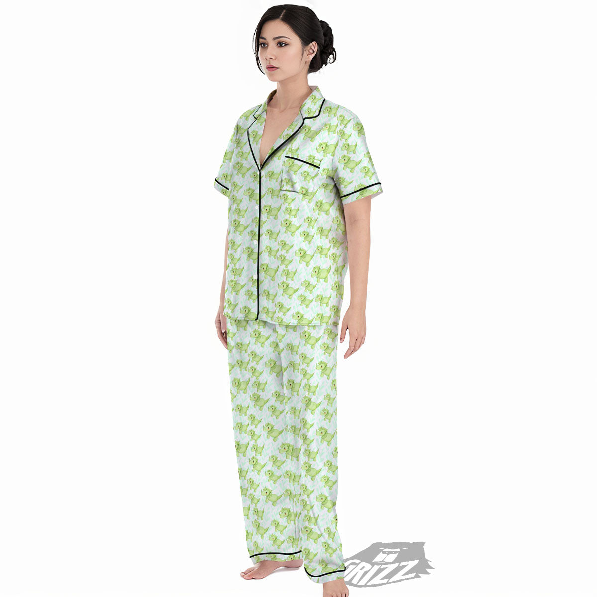 Green Dinosaur Little Print Pattern Women's Pajamas Set-grizzshop