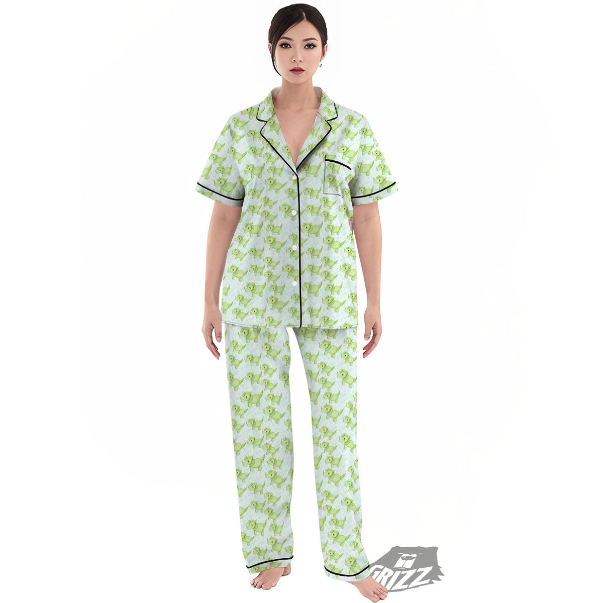 Green Dinosaur Little Print Pattern Women's Pajamas Set-grizzshop