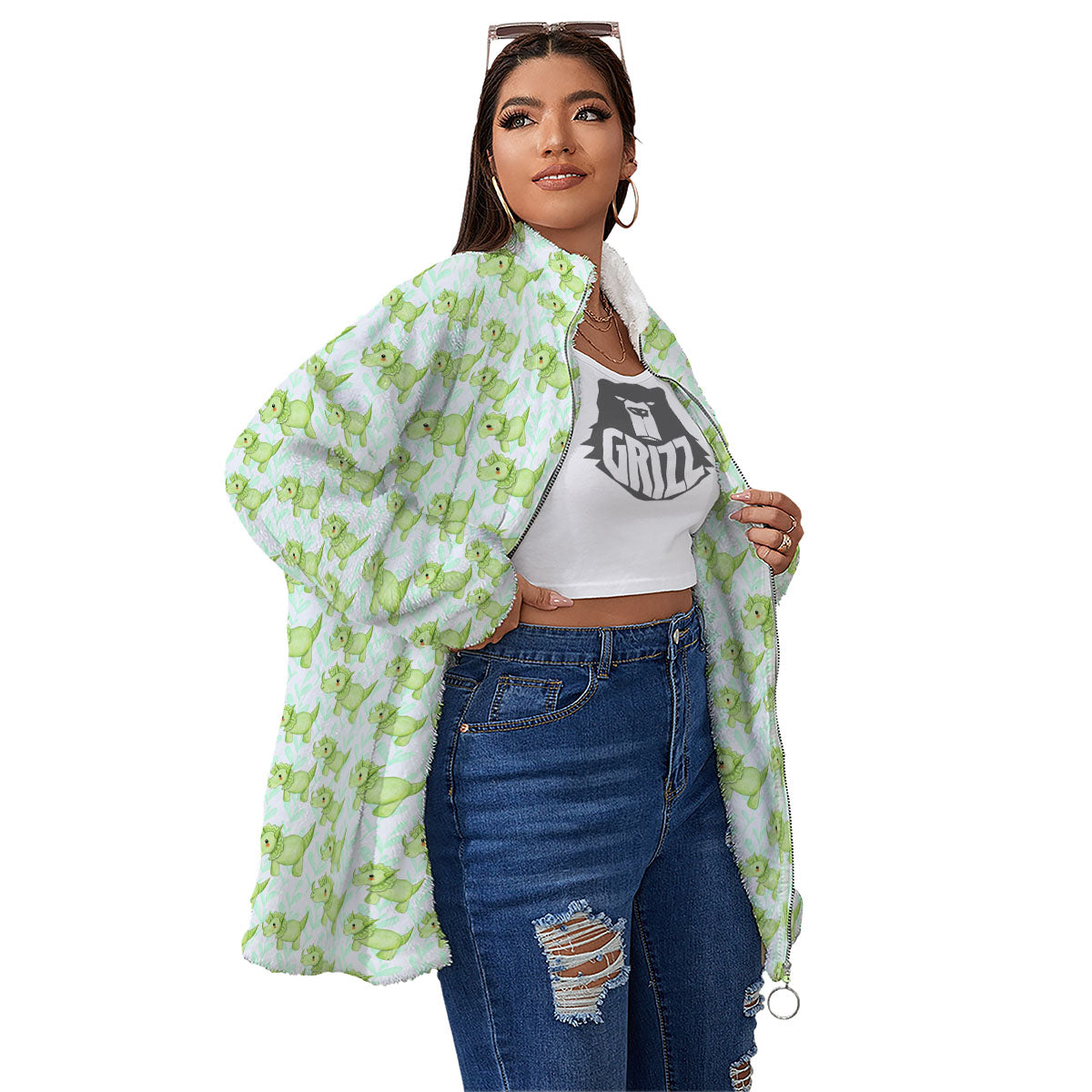 Green Dinosaur Little Print Pattern Women's Sherpa Jacket-grizzshop