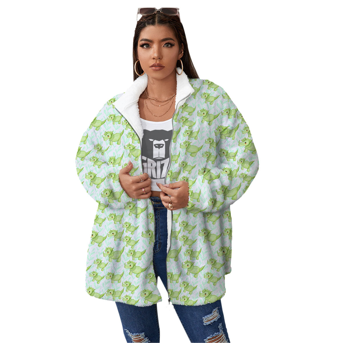 Green Dinosaur Little Print Pattern Women's Sherpa Jacket-grizzshop