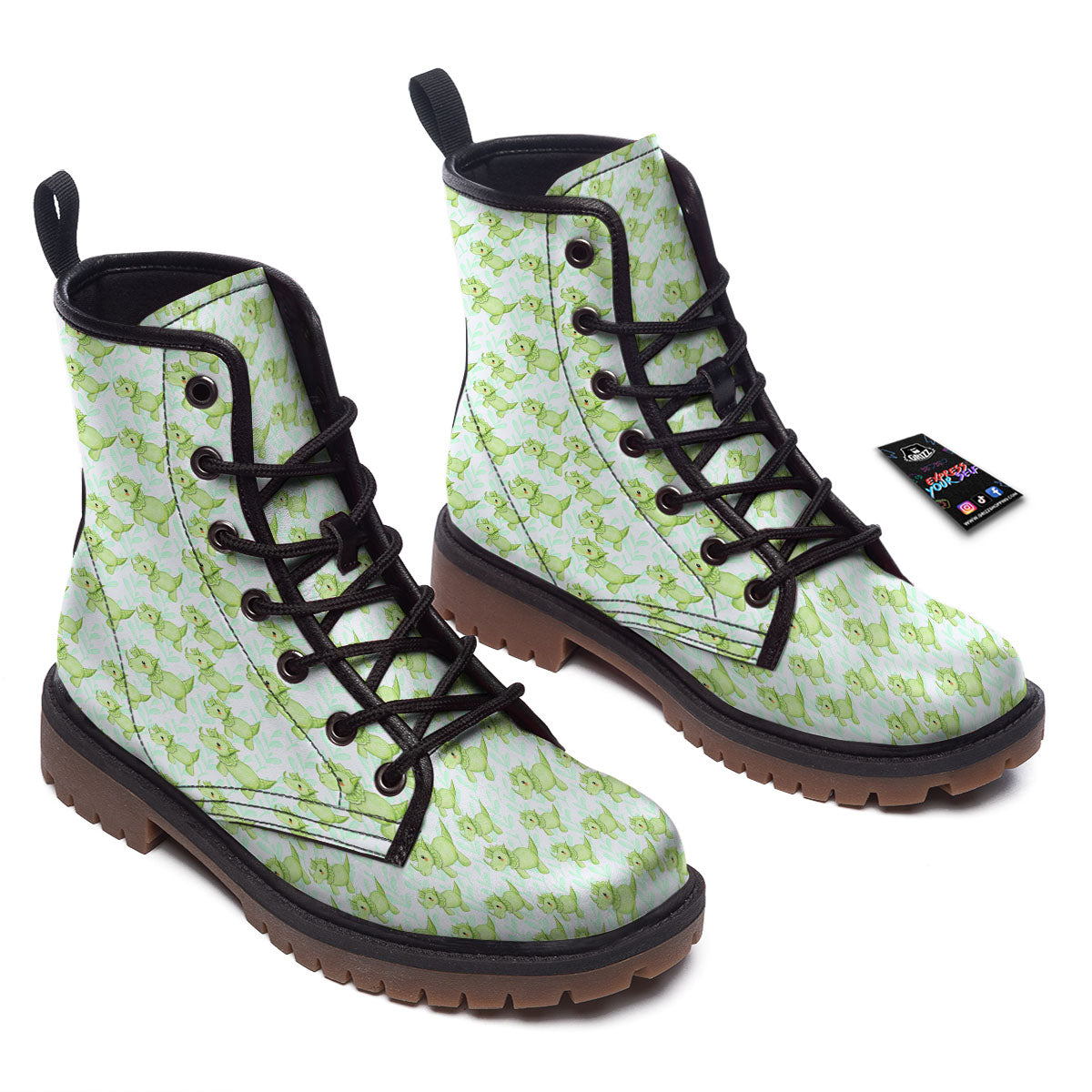 Green Dinosaur Little Print Pattern Work Boots-grizzshop