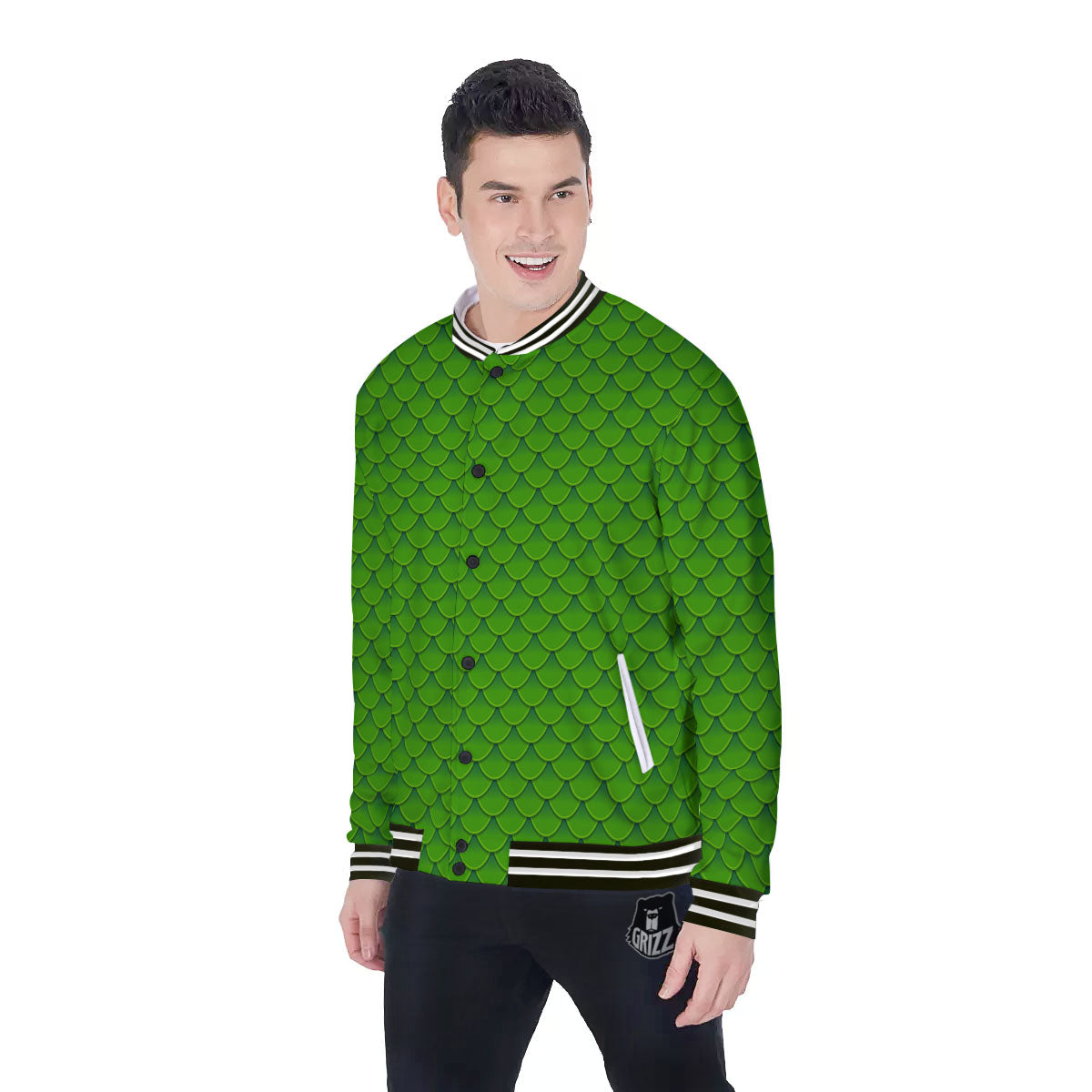 Green Dragon Scales Print Pattern Baseball Jacket-grizzshop