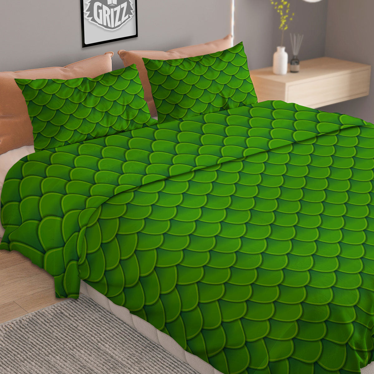 Green Dragon Scales Print Pattern Duvet Cover Bedding Set