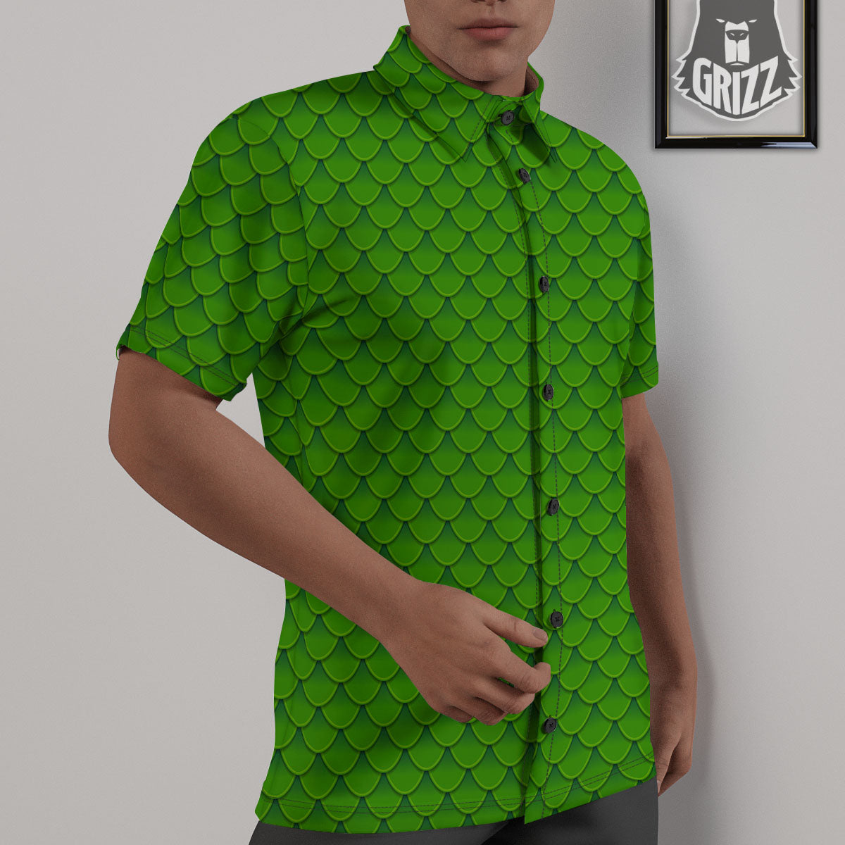 Green Dragon Scales Print Pattern Untucked Shirts-grizzshop