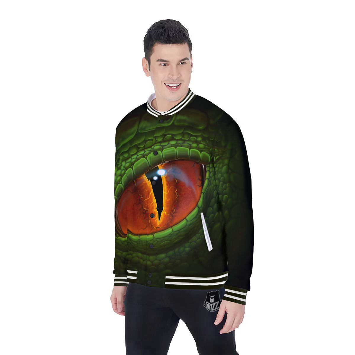Green Dragon's Eye Print Baseball Jacket-grizzshop