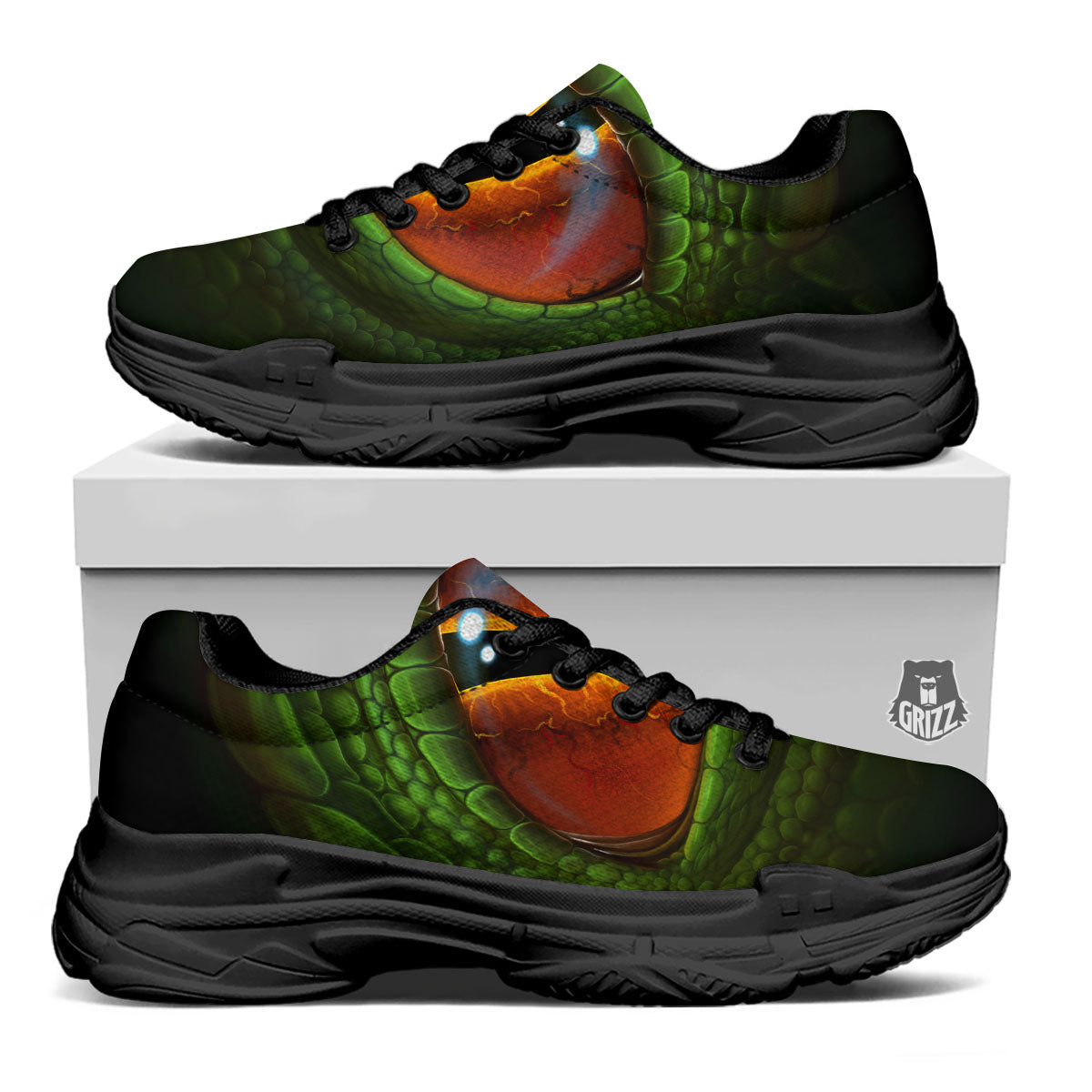 Green Dragon's Eye Print Black Chunky Shoes-grizzshop