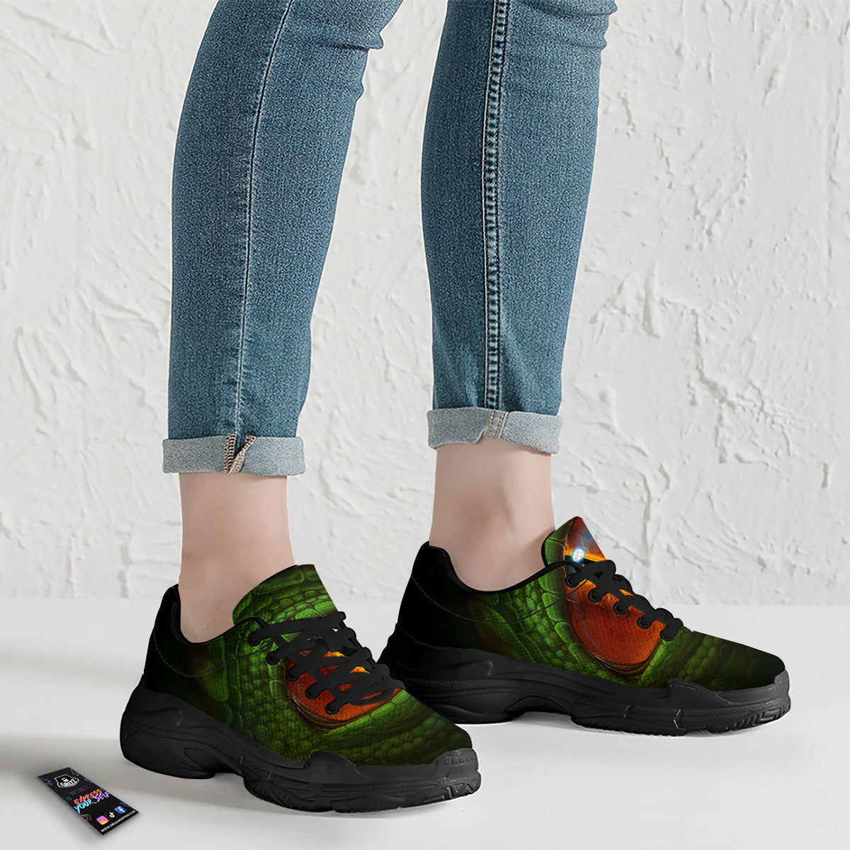 Green Dragon's Eye Print Black Chunky Shoes-grizzshop