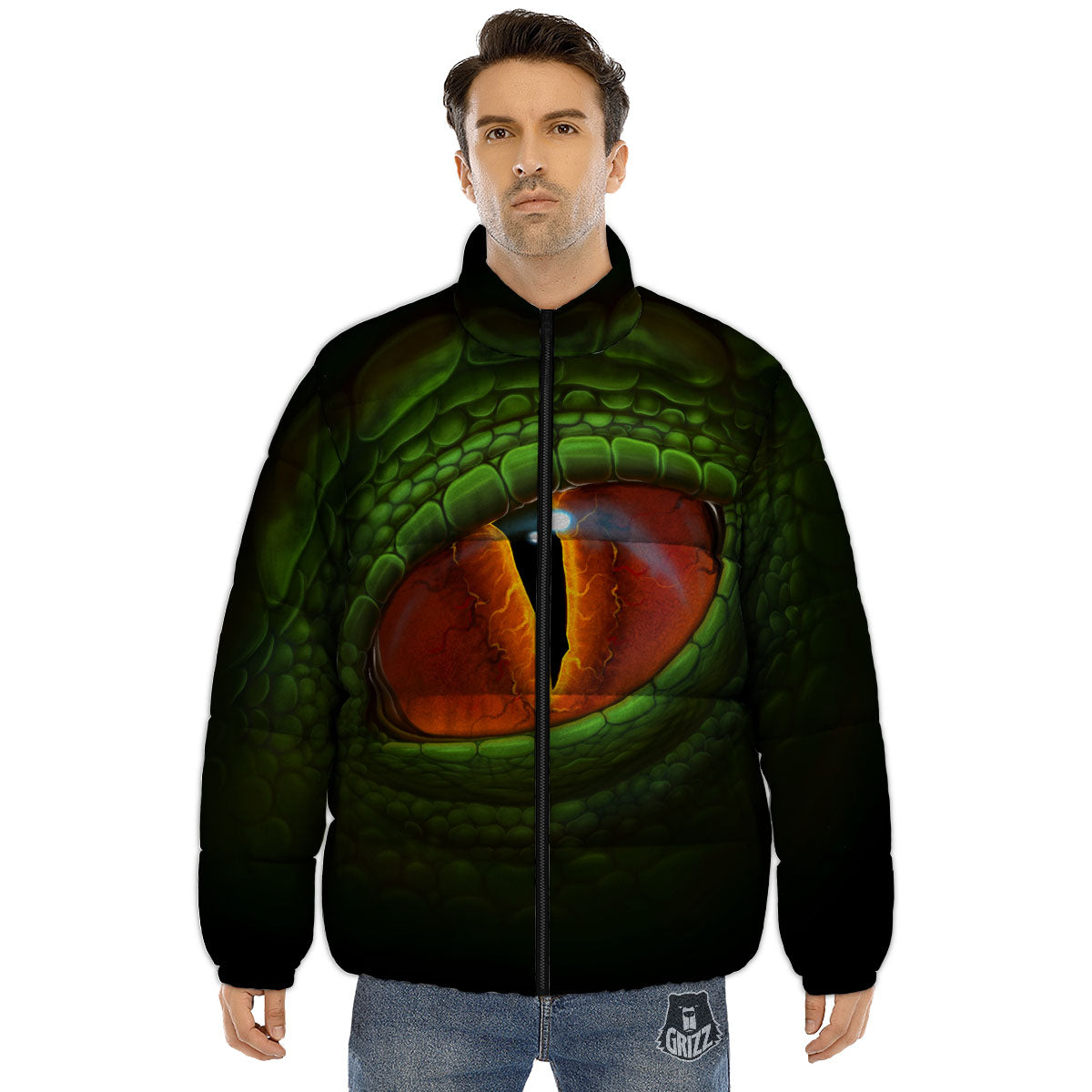 Green Dragon's Eye Print Puffer Jacket-grizzshop