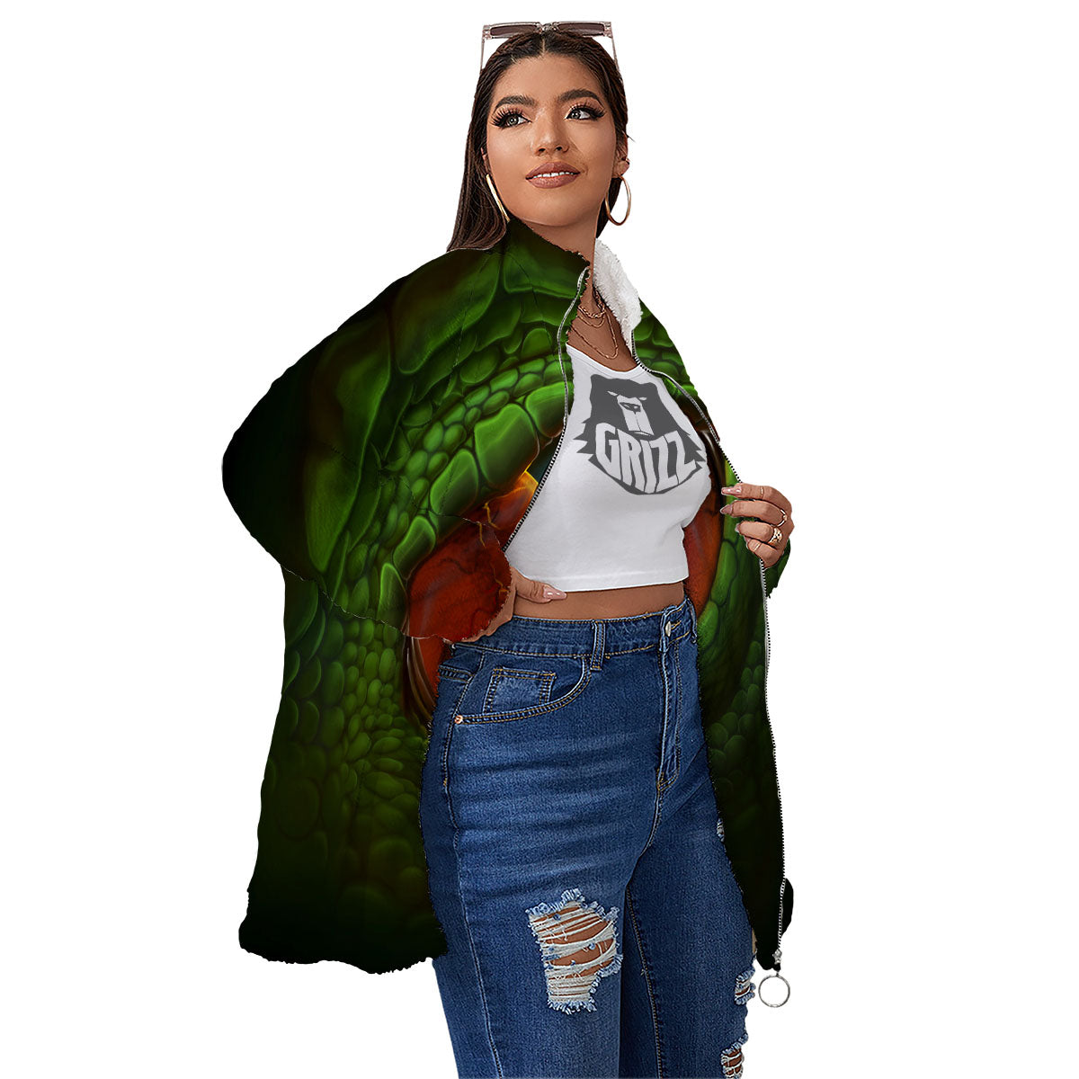 Green Dragon's Eye Print Women's Sherpa Jacket-grizzshop