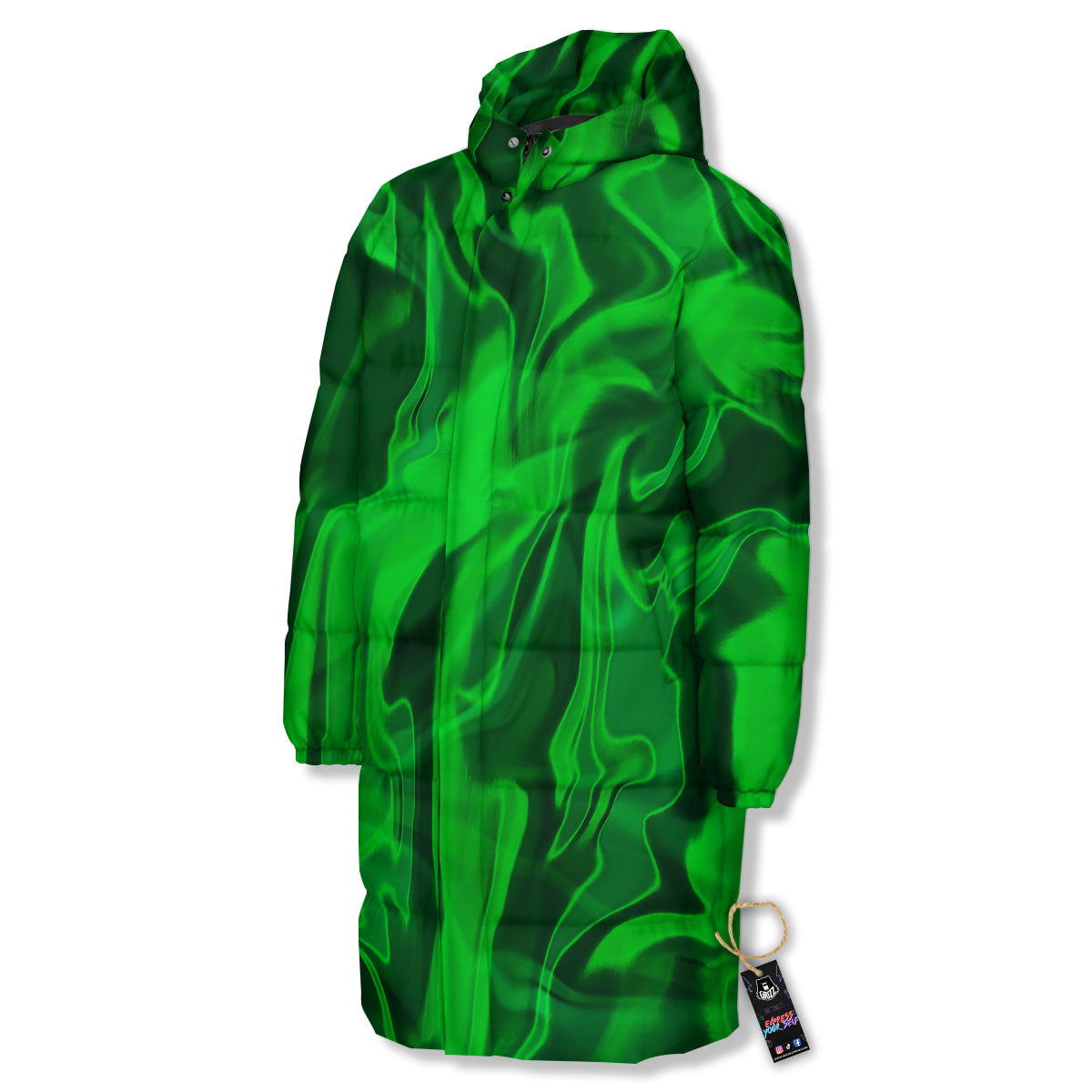Green Energy Plasma Print Long Down Jacket-grizzshop