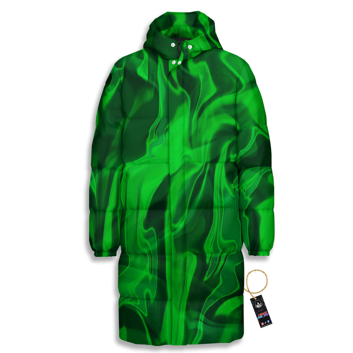 Green Energy Plasma Print Long Down Jacket-grizzshop
