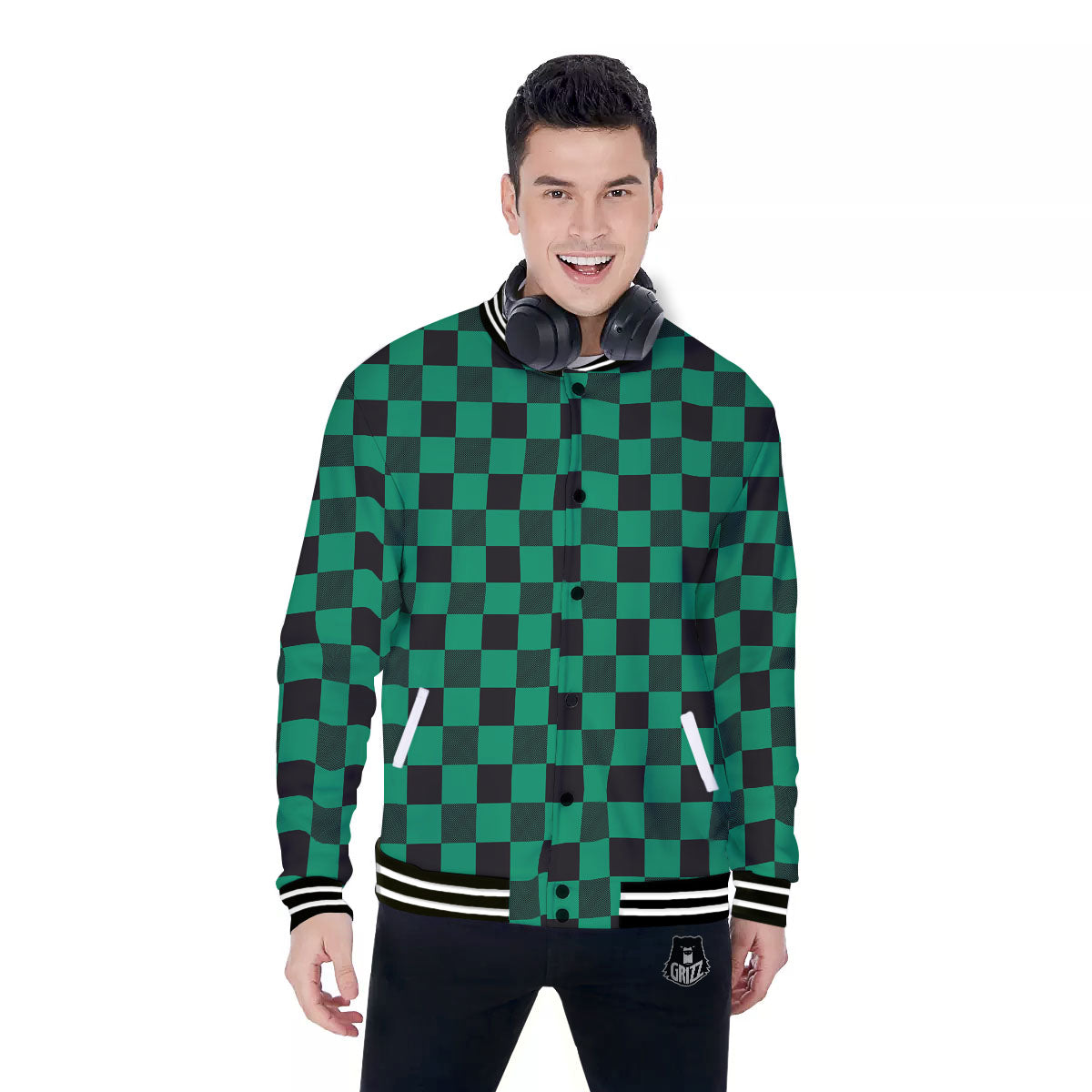 Green Forest And White Checkered Print Baseball Jacket-grizzshop
