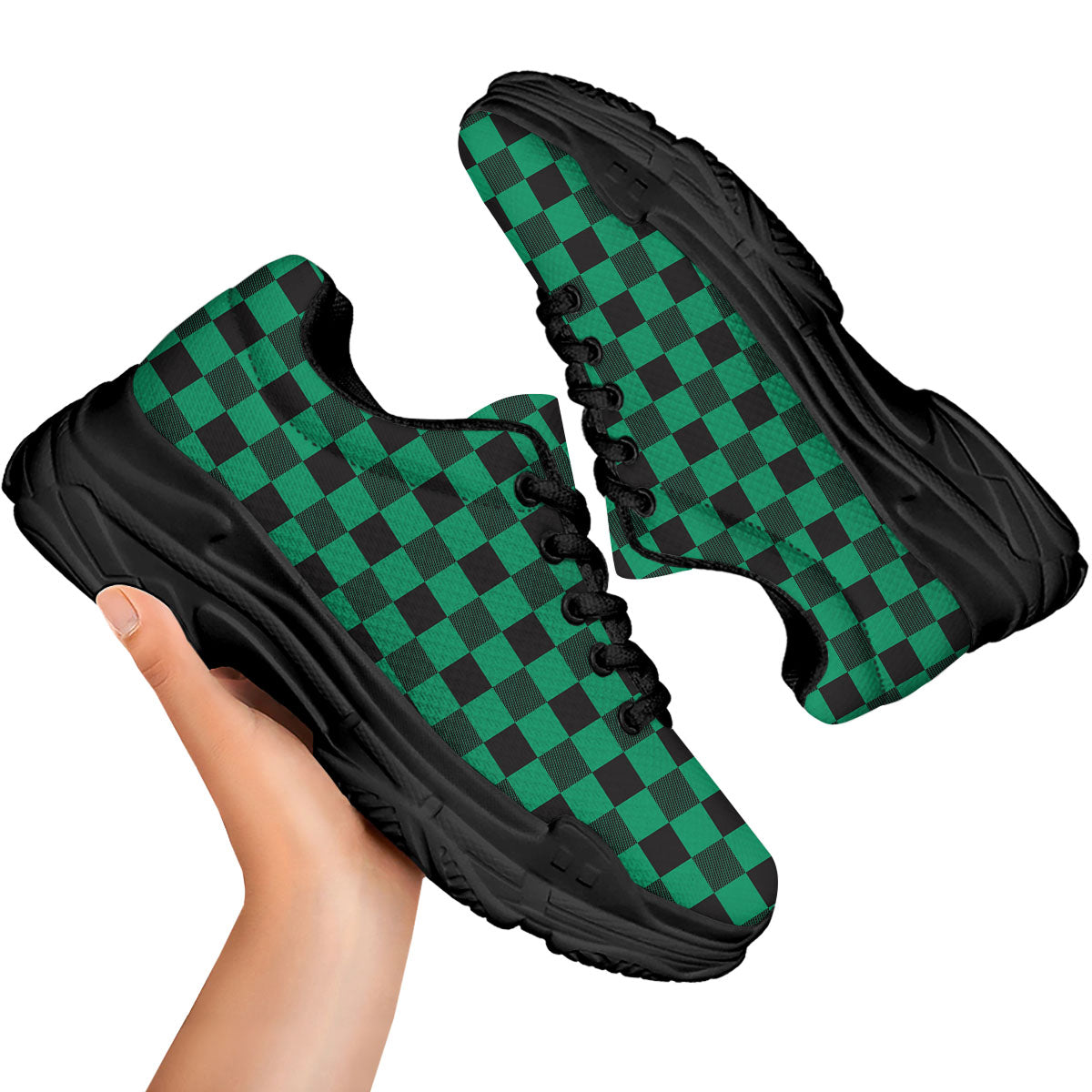 Green Forest And White Checkered Print Black Chunky Shoes-grizzshop