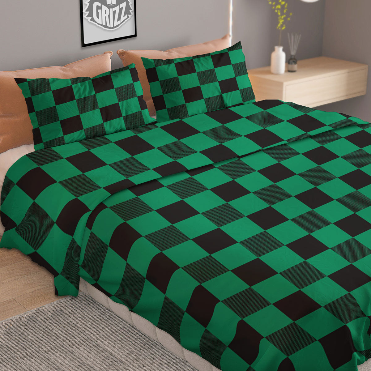 Green Forest And White Checkered Print Duvet Cover Bedding Set