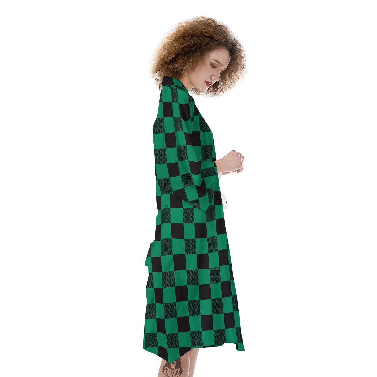 Green Forest And White Checkered Print Kimono-grizzshop
