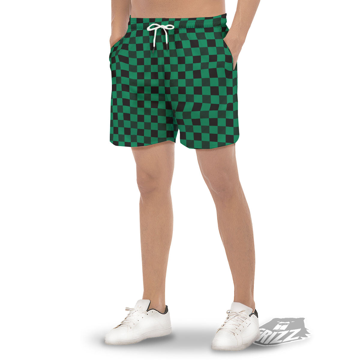 Green Forest And White Checkered Print Men's Gym Shorts-grizzshop