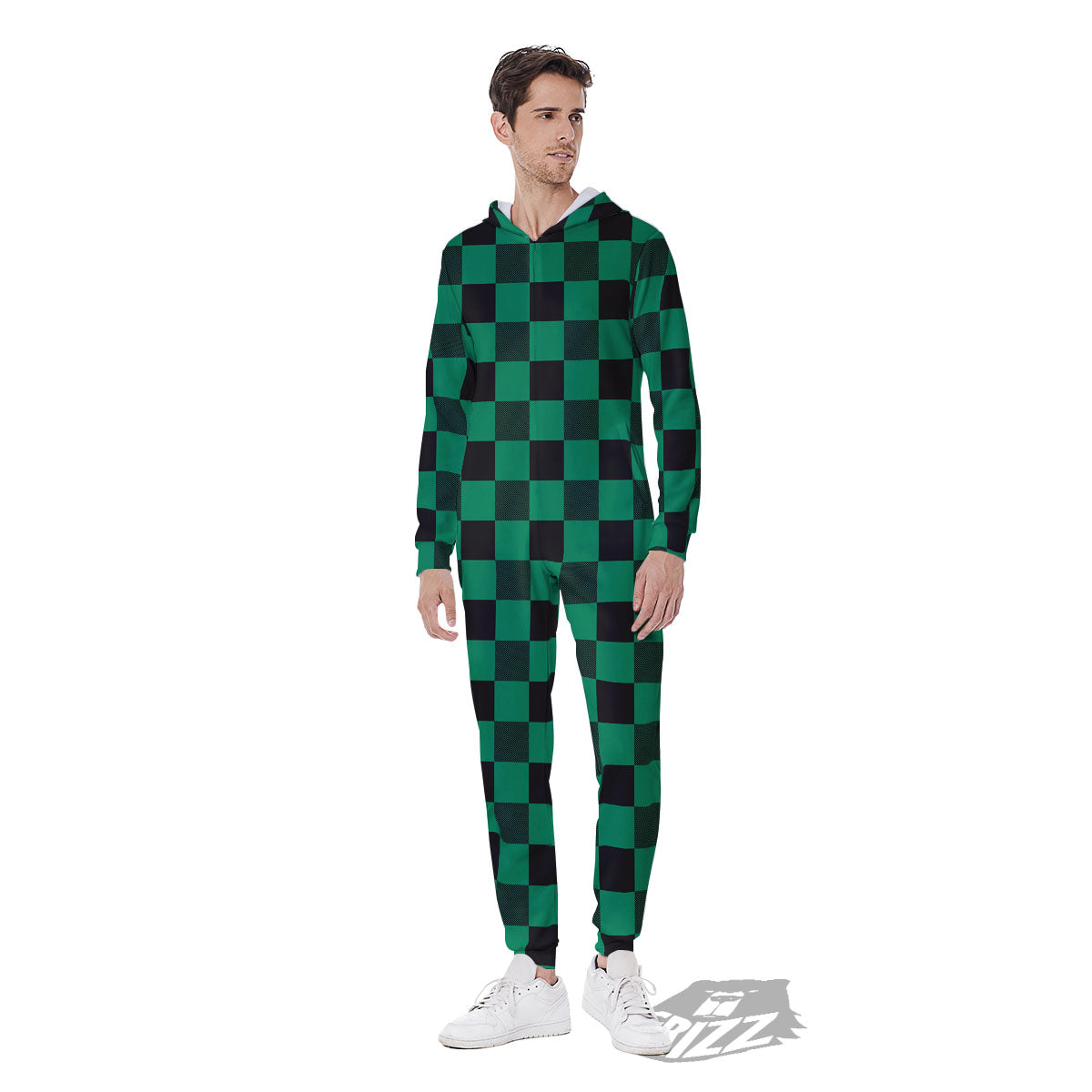 Green Forest And White Checkered Print Men's Jumpsuit-grizzshop