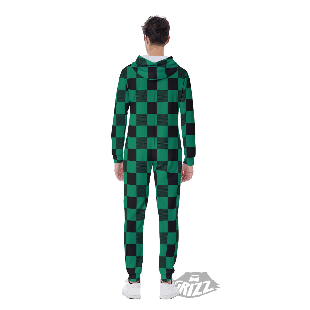 Green Forest And White Checkered Print Men's Jumpsuit-grizzshop