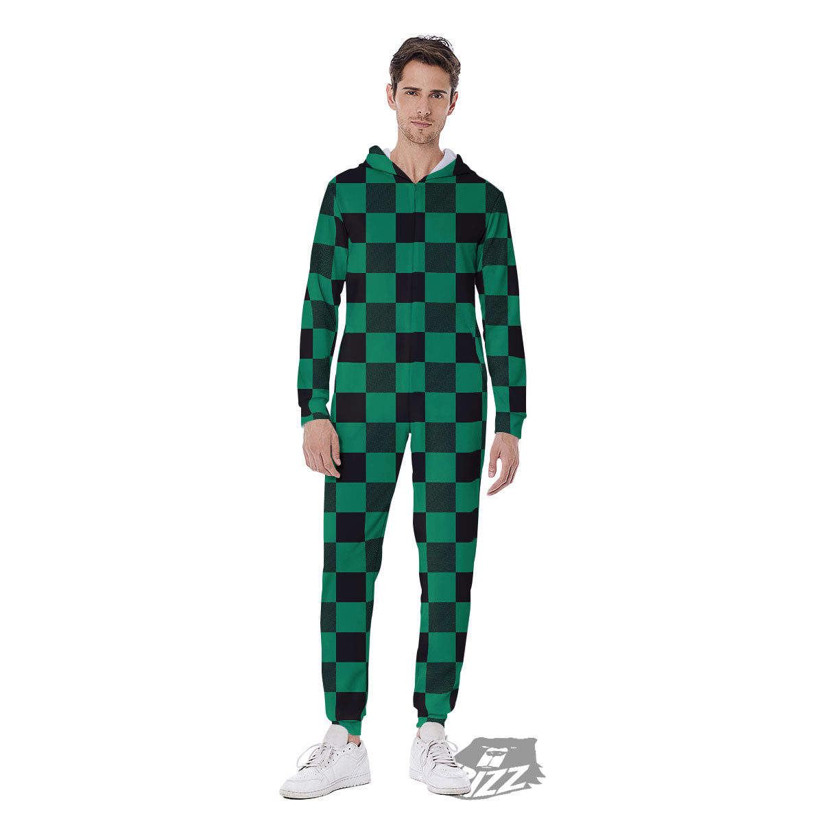 Green Forest And White Checkered Print Men's Jumpsuit-grizzshop