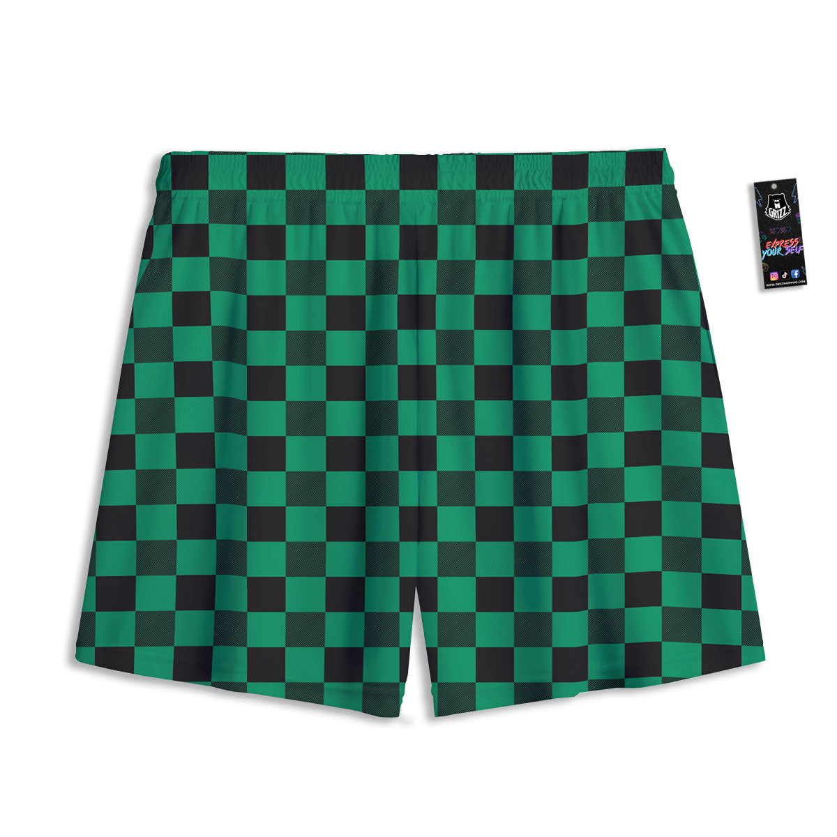 Green Forest And White Checkered Print Mesh Shorts