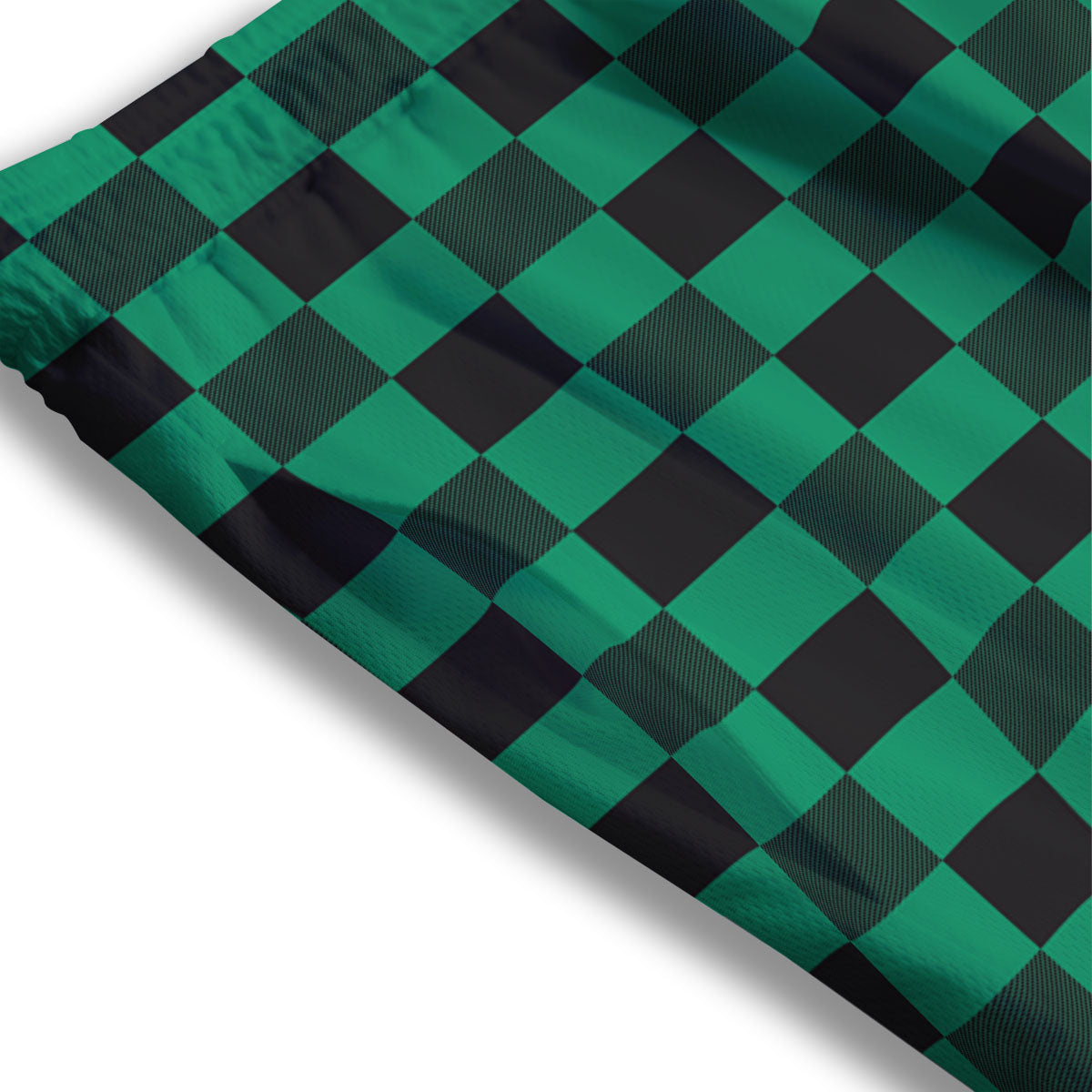 Green Forest And White Checkered Print Mesh Shorts