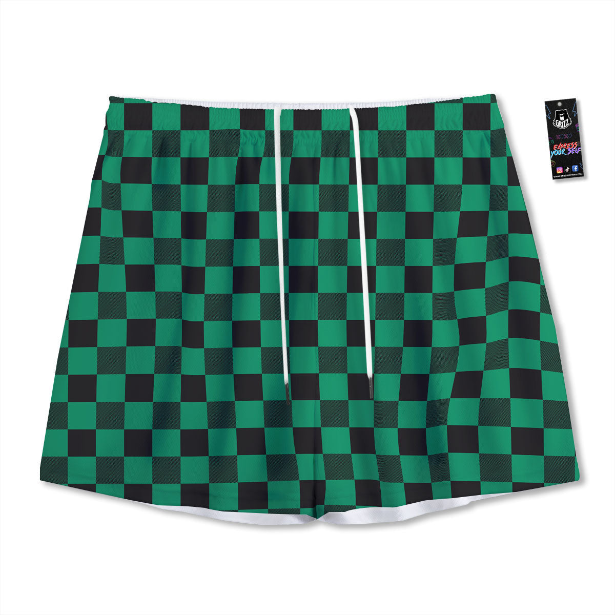 Green Forest And White Checkered Print Mesh Shorts