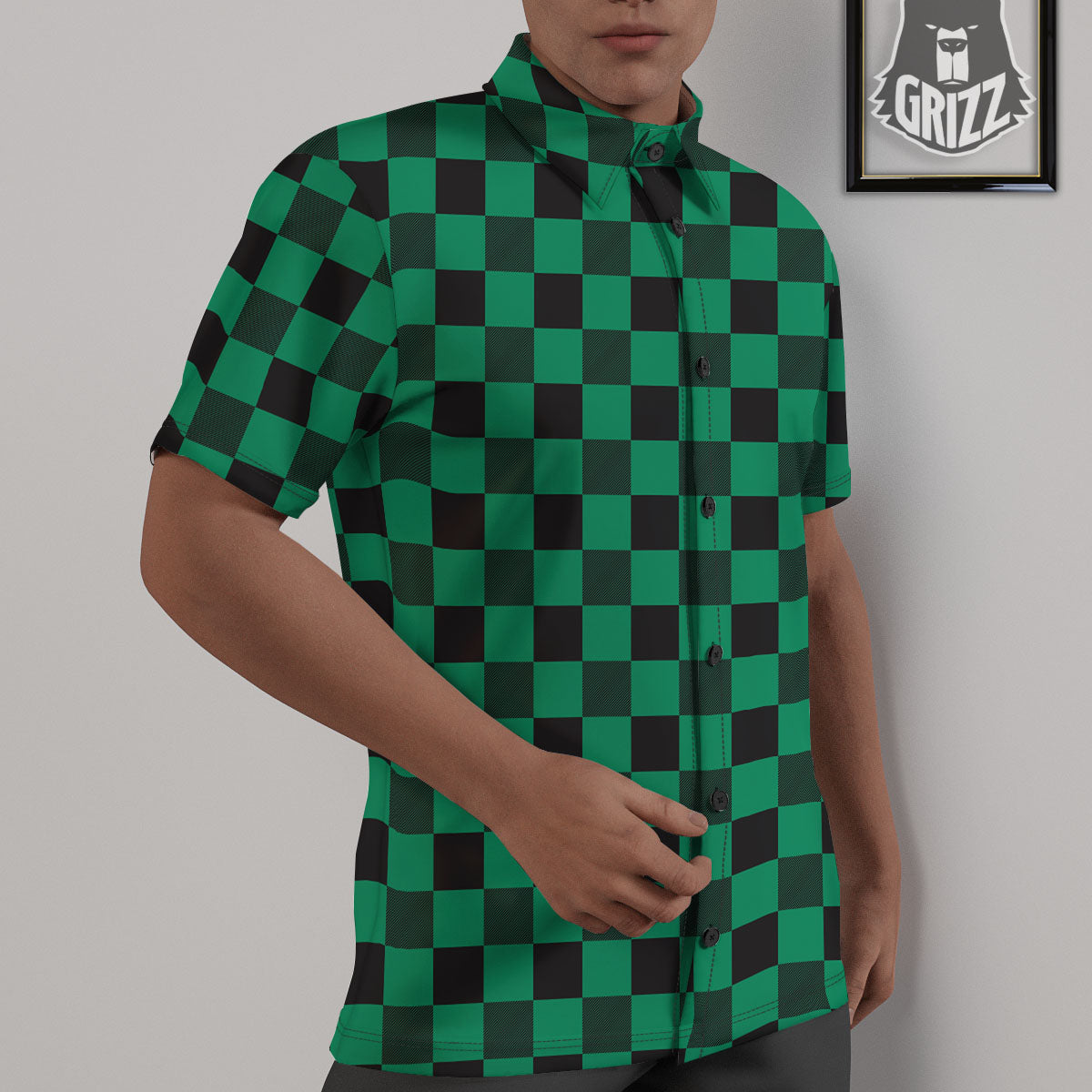 Green Forest And White Checkered Print Untucked Shirts-grizzshop