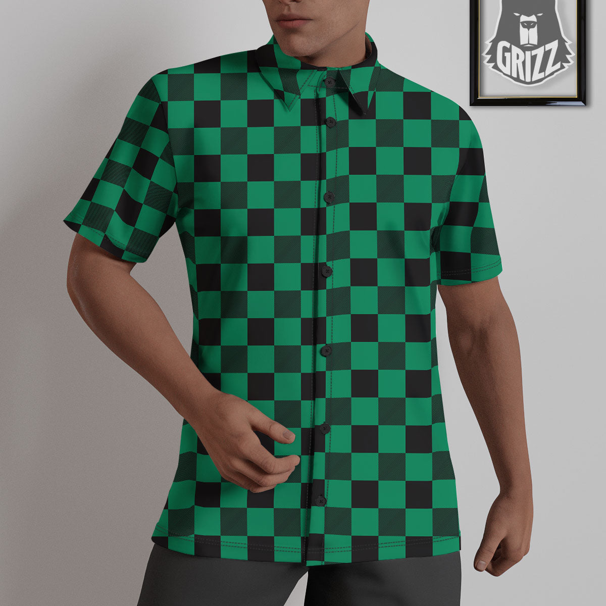 Green Forest And White Checkered Print Untucked Shirts-grizzshop