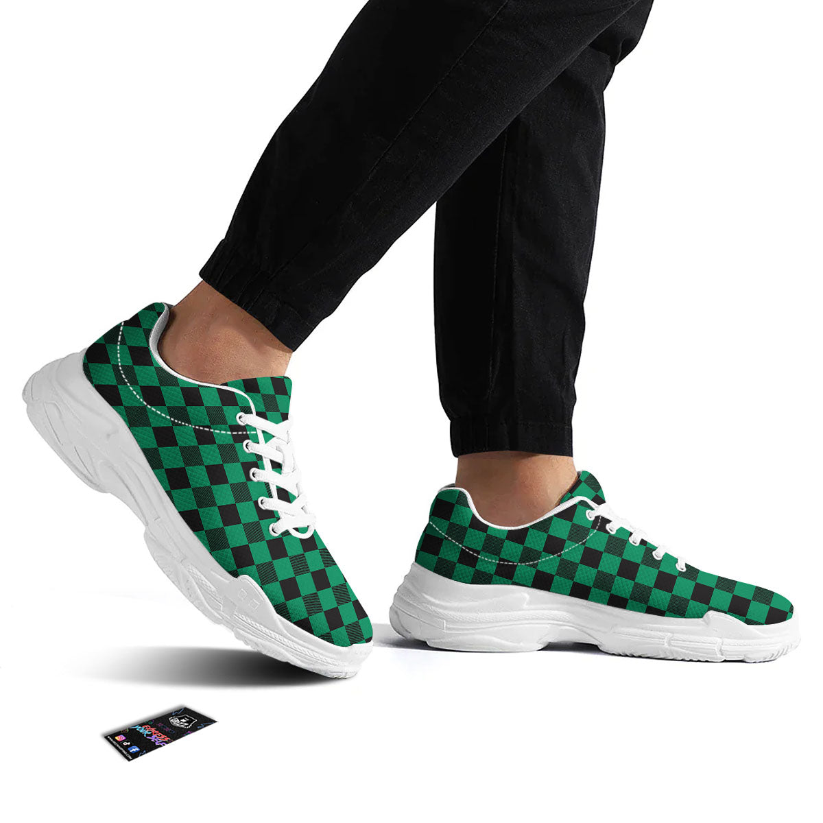 Green Forest And White Checkered Print White Chunky Shoes-grizzshop