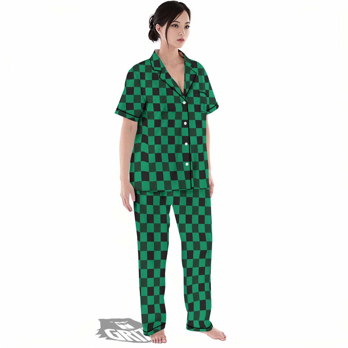 Green Forest And White Checkered Print Women's Pajamas Set-grizzshop