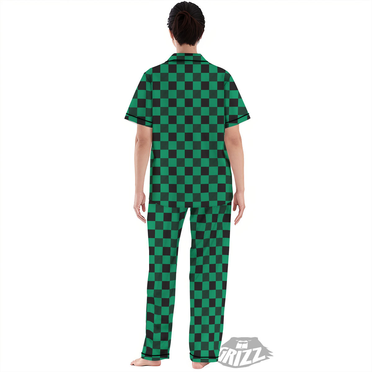 Green Forest And White Checkered Print Women's Pajamas Set-grizzshop