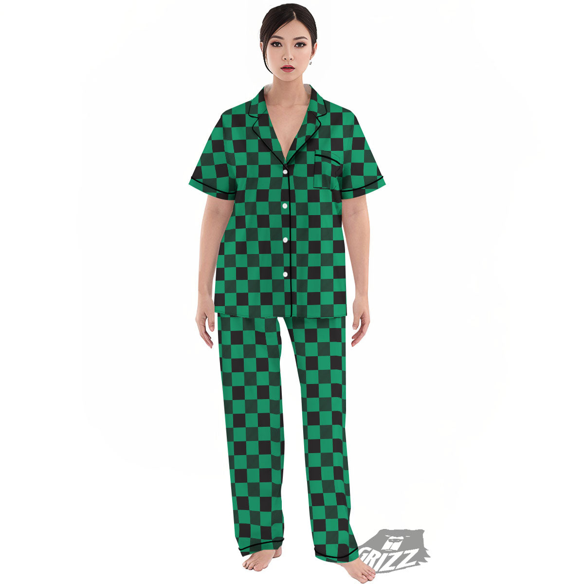 Green Forest And White Checkered Print Women's Pajamas Set-grizzshop
