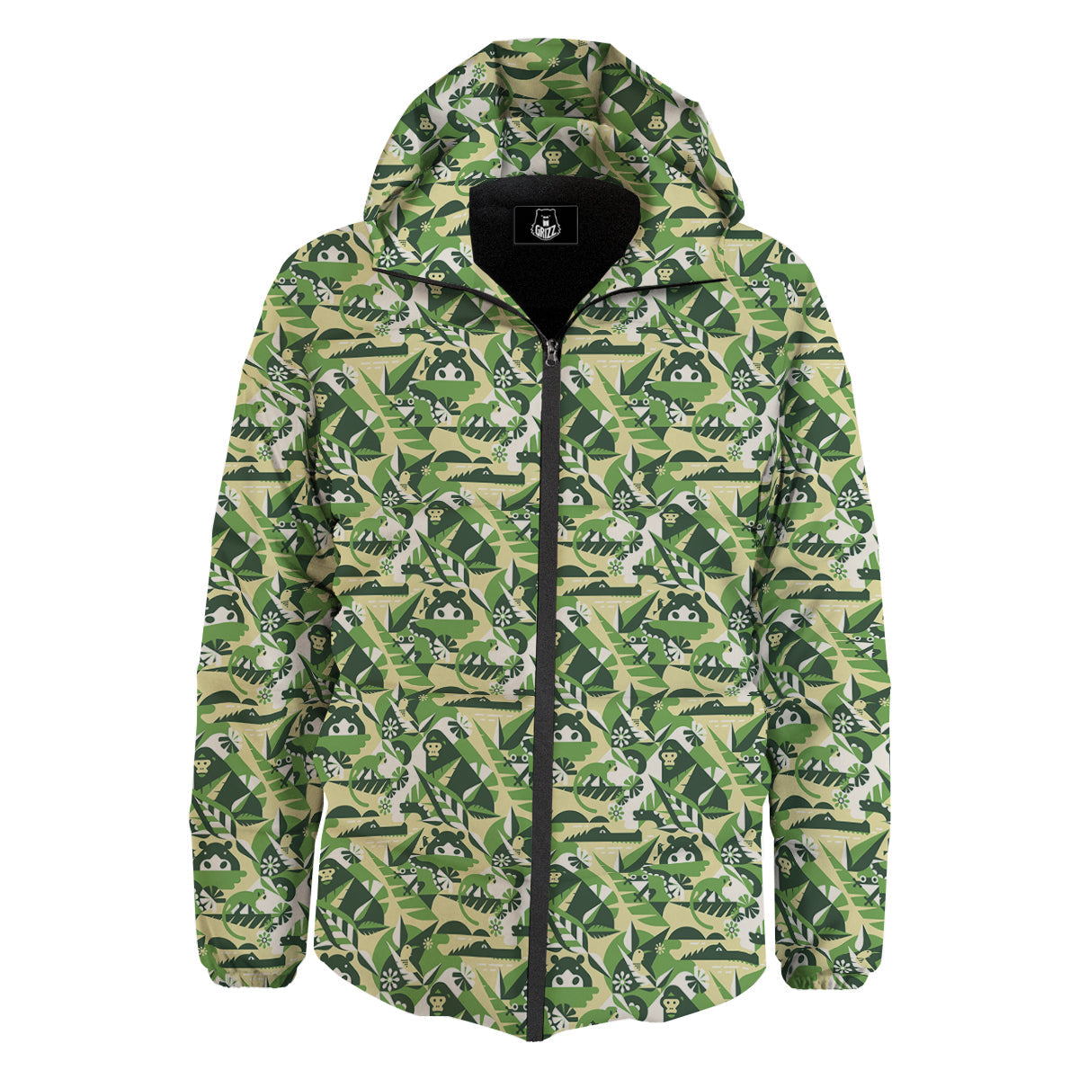 Green Geometric African Jungle Print Pattern Down Jacket-grizzshop