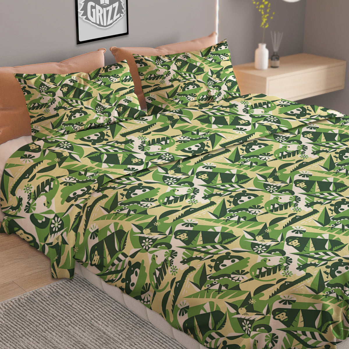 Green Geometric African Jungle Print Pattern Duvet Cover Bedding Set