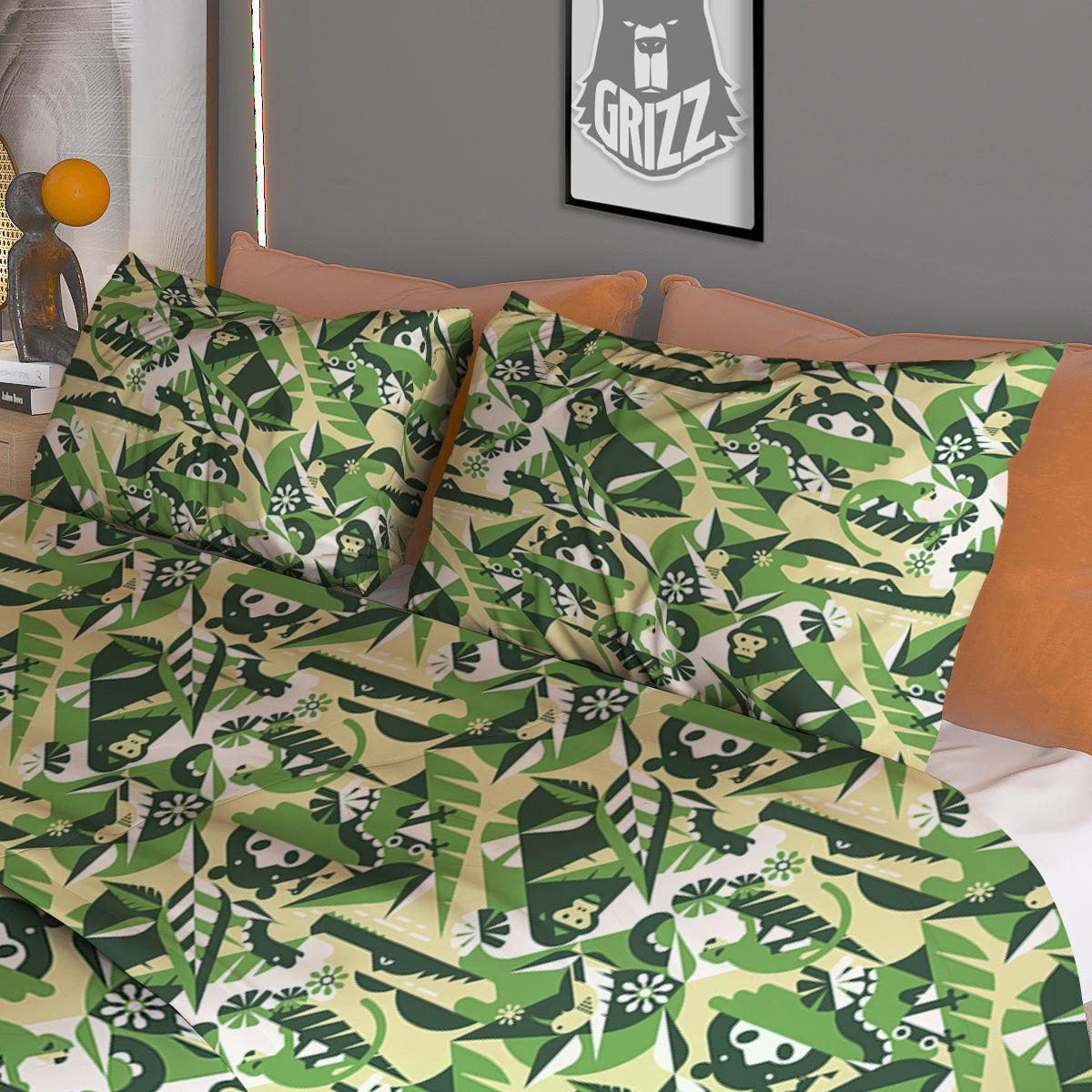 Green Geometric African Jungle Print Pattern Duvet Cover Bedding Set
