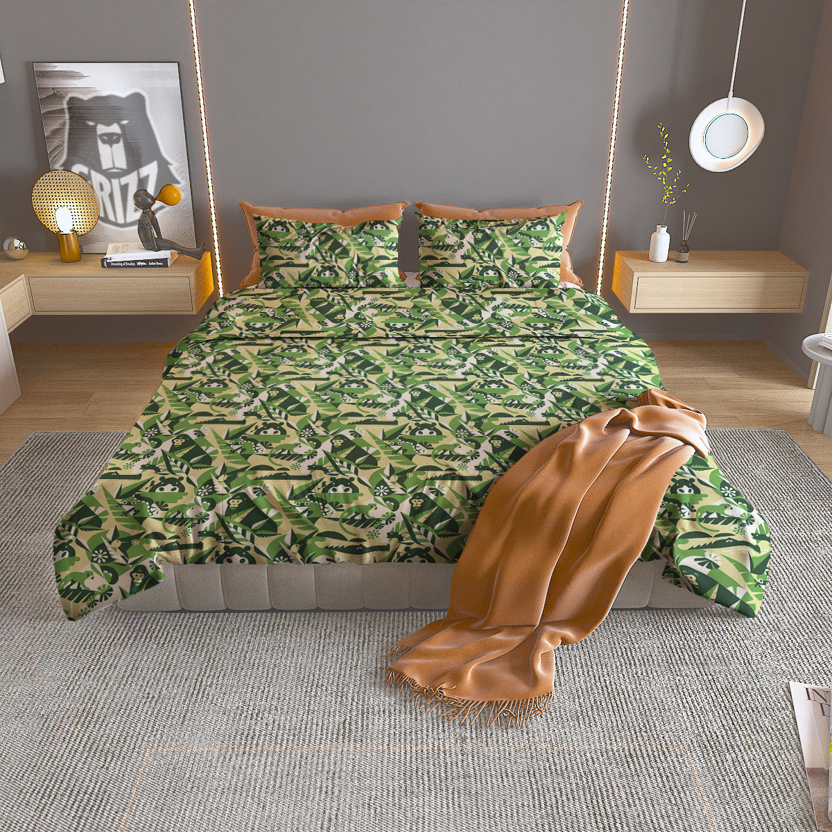 Green Geometric African Jungle Print Pattern Duvet Cover Bedding Set