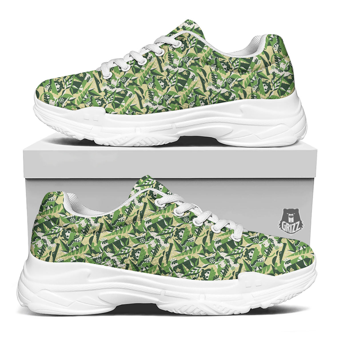 Green Geometric African Jungle Print Pattern White Chunky Shoes-grizzshop