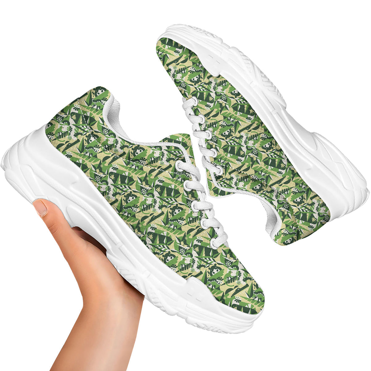 Green Geometric African Jungle Print Pattern White Chunky Shoes-grizzshop