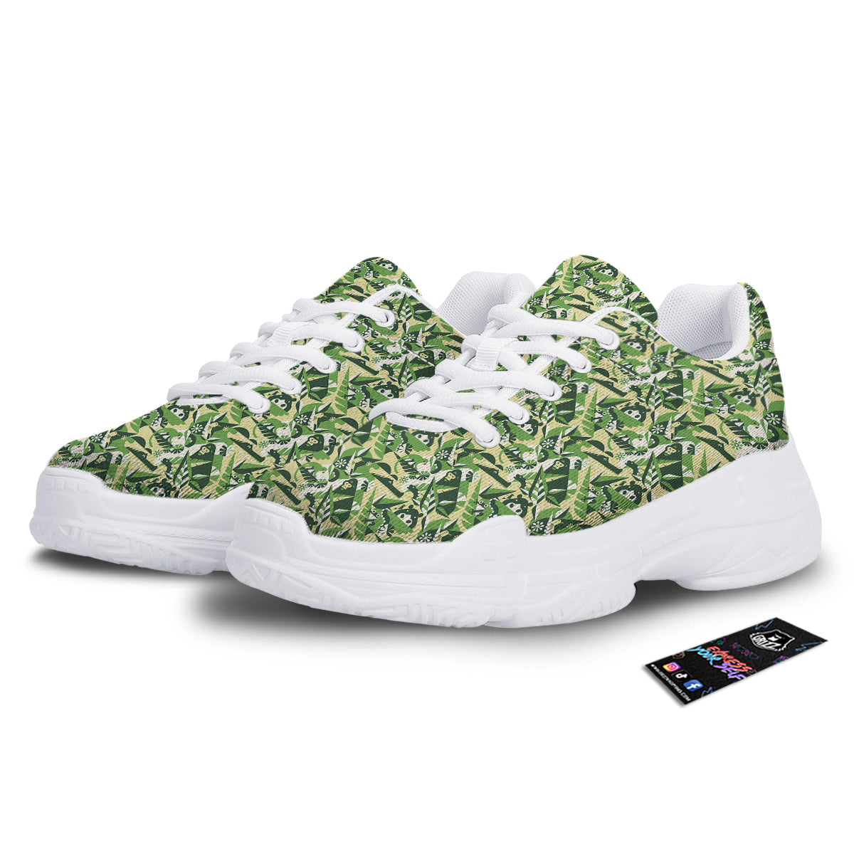 Green Geometric African Jungle Print Pattern White Chunky Shoes-grizzshop