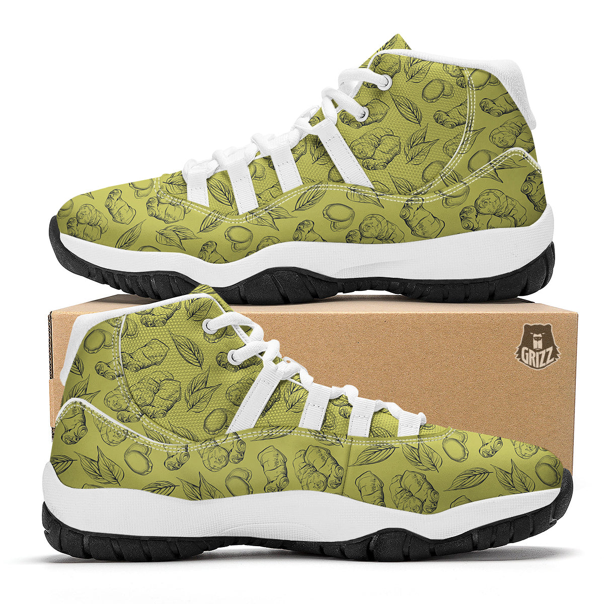 Green Ginger Print Pattern White Bball Shoes-grizzshop