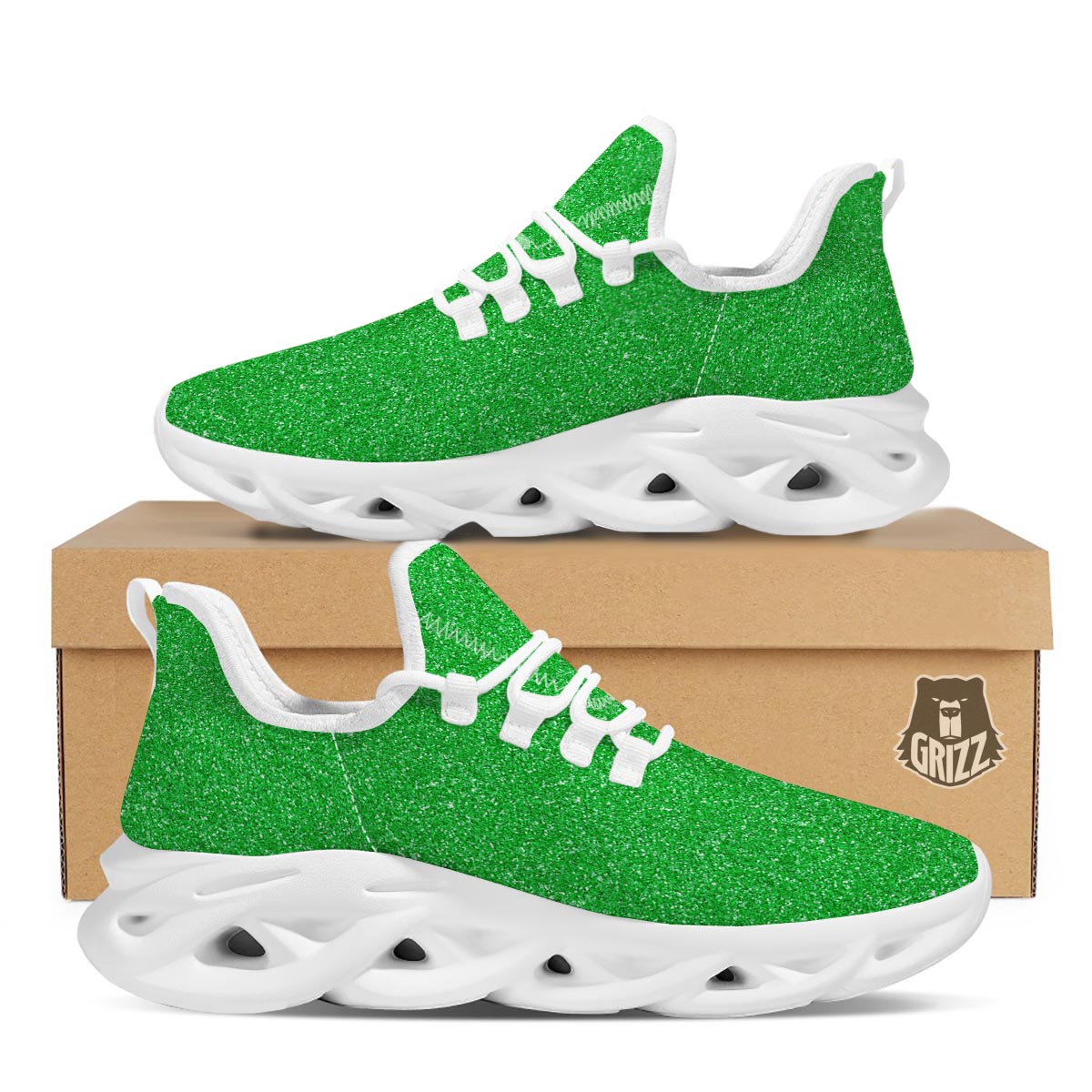 Green Glitter Artwork Print White Running Shoes-grizzshop